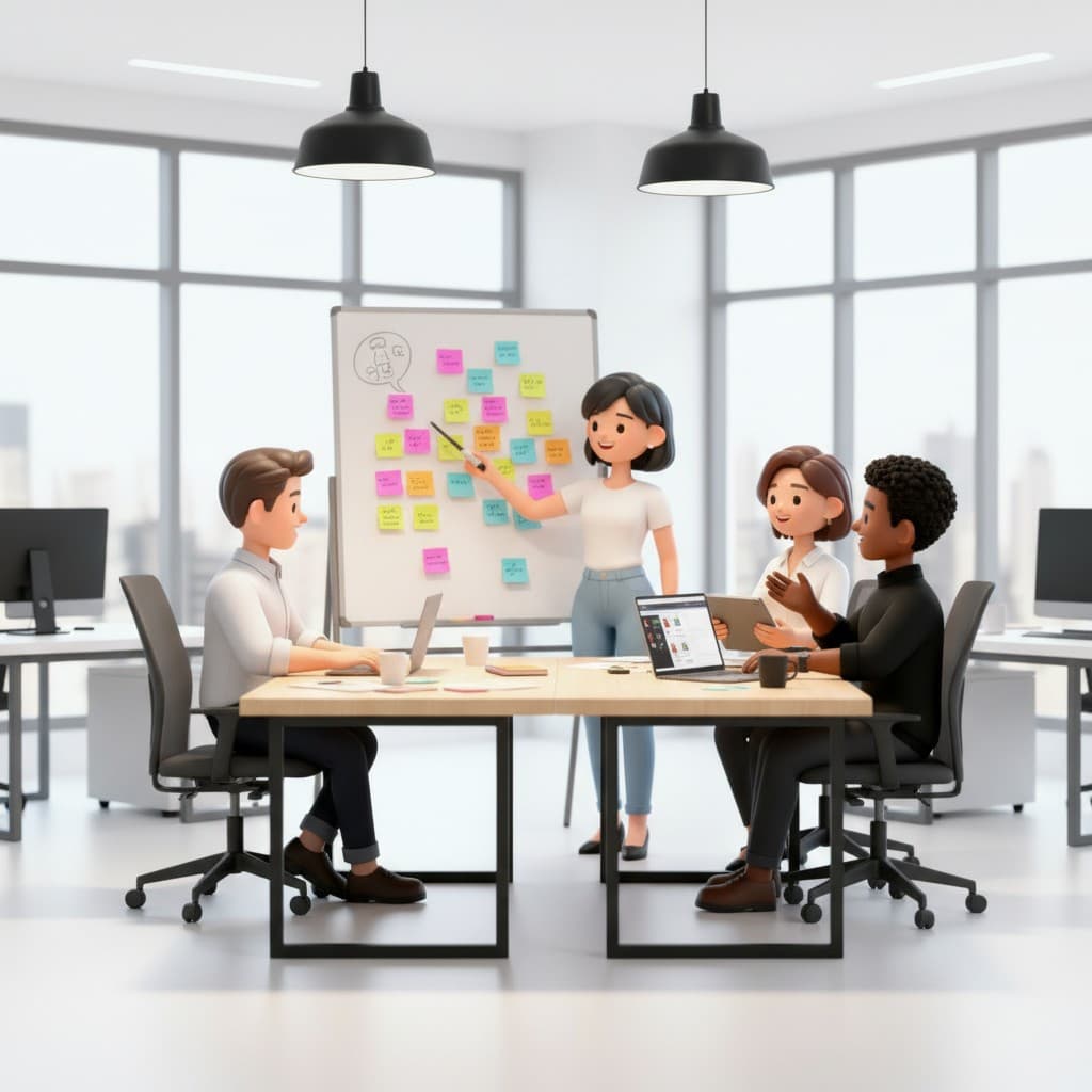 Illustration of a team brainstorming: one person at a sticky-note whiteboard, others at a table with laptops.